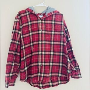 Old Navy Red Hooded Plaid Button Up Shirt Size L